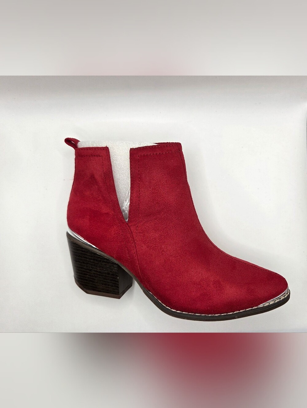 Women's Red Suede Ankle Bootie with Block Heel Size 7